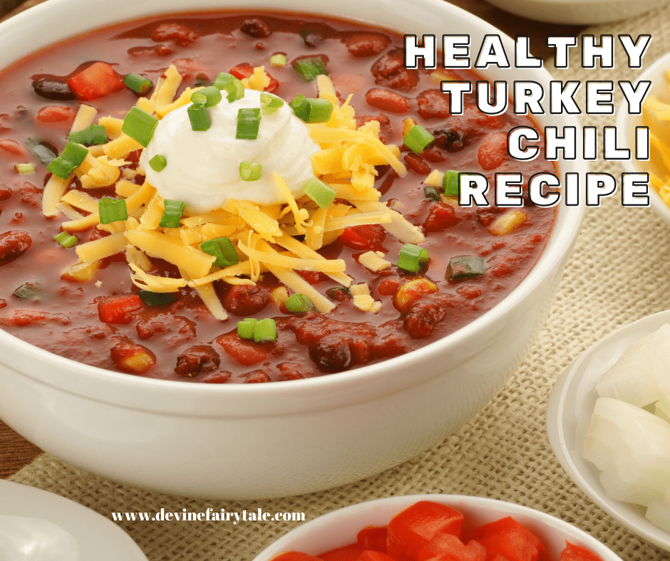 Turkey chili recipe image of chili with toppings in white bowl