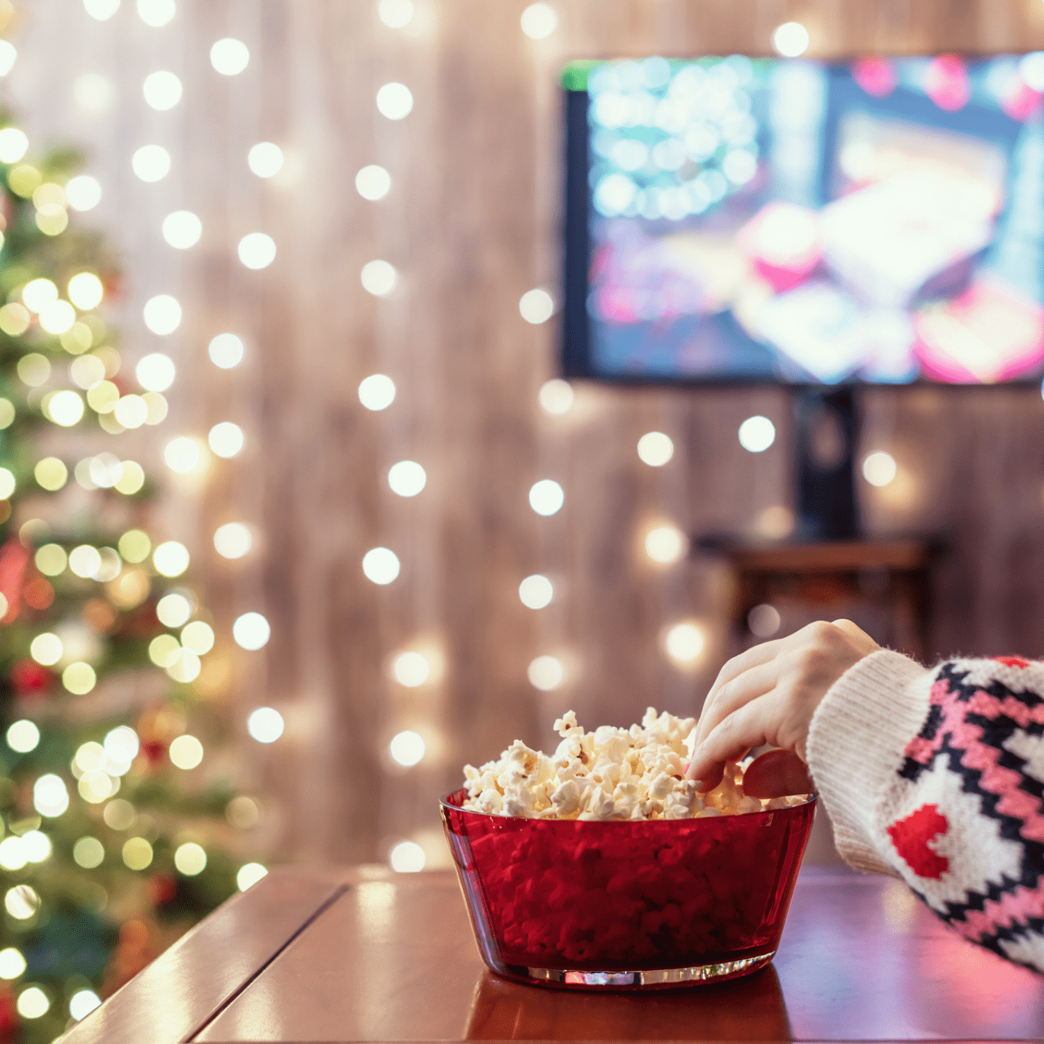 christmas tree with lights and bowl of popcorn and christmas movie on tv